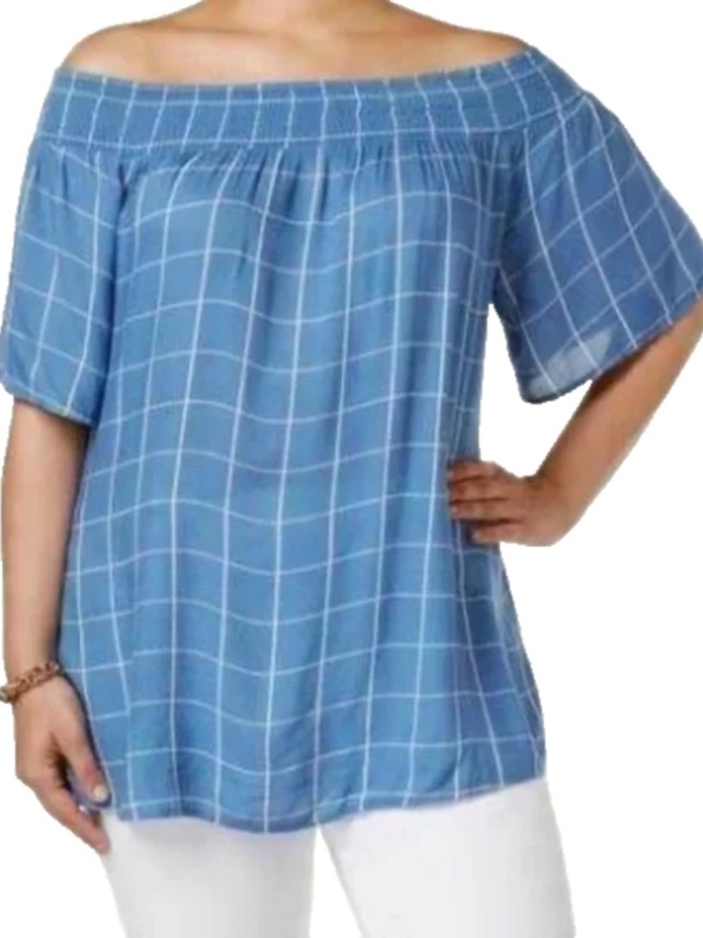 Style&Co Women's Blue Checkered Off-The-Shoulder Top Plus Size 3X